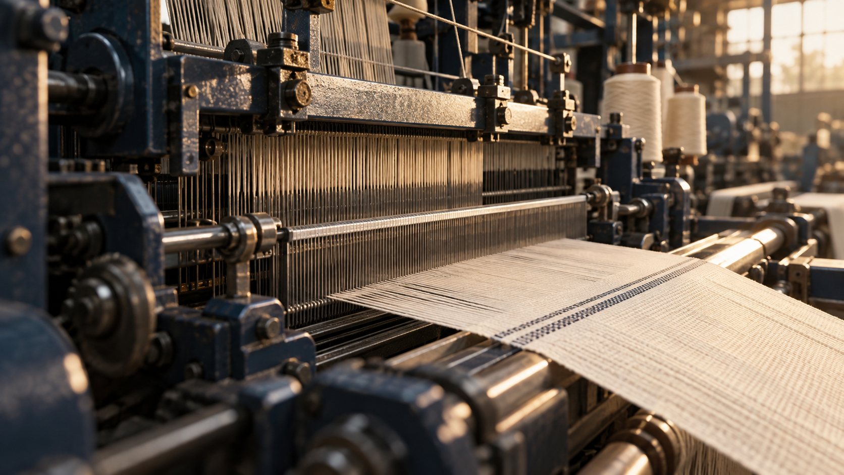 Illustrative close-up of industrial label weaving machinery